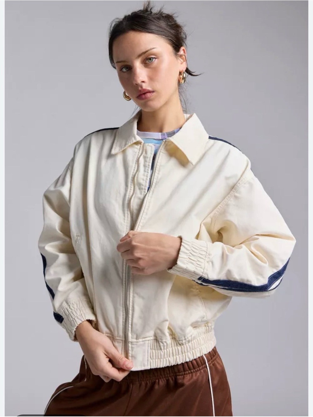 BDG Women's Cream Zip-Front Bomber Jacket with Navy Trim